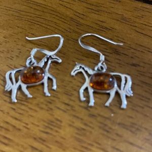 Amber Sterling Silver Horse Dangle Pierced Earrings